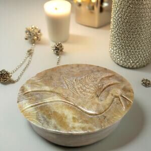 Vintage Hand Carved Soapstone Trinket Box Oval Stork Bird Design India